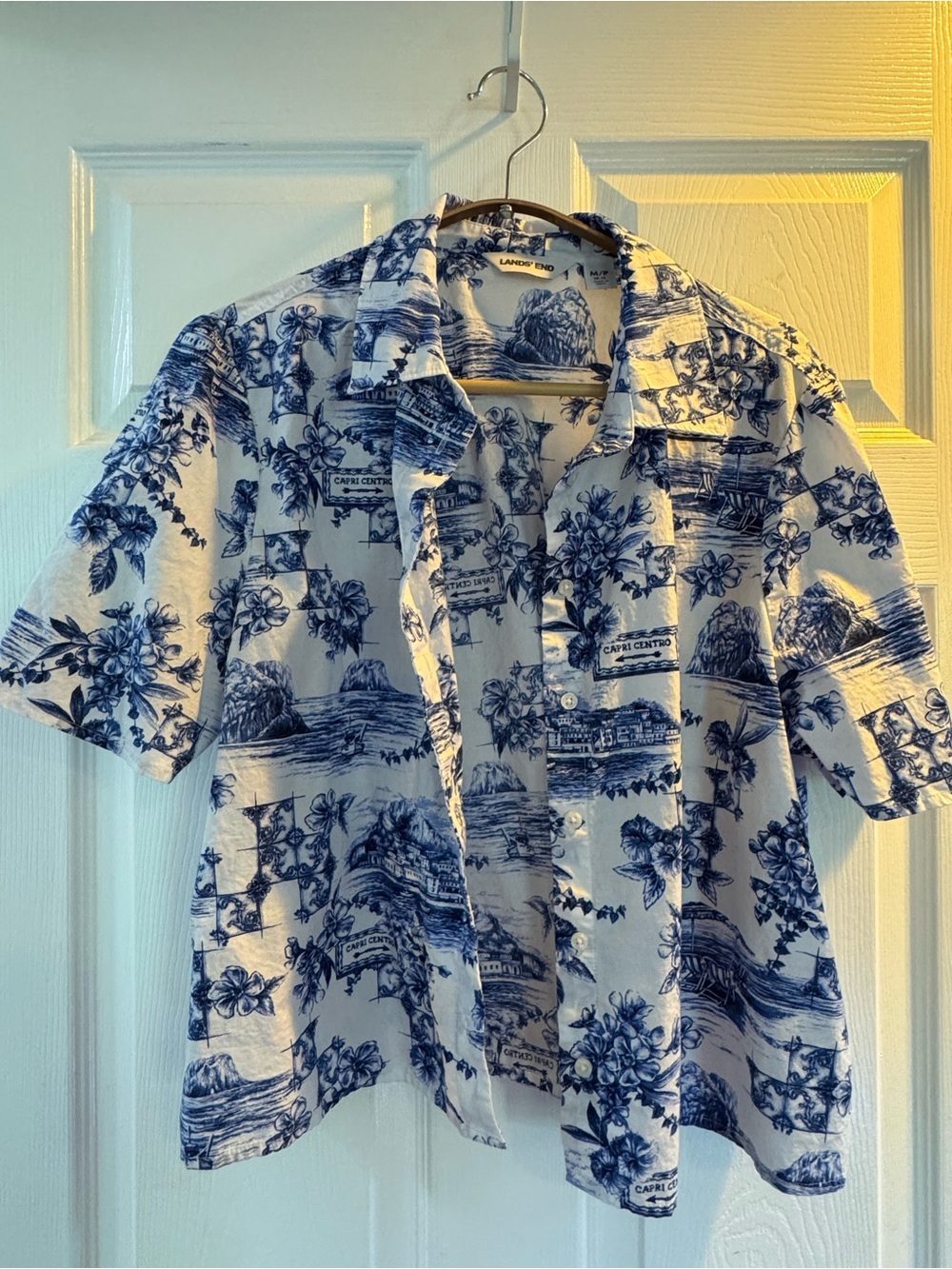 Land’s End Blue and White Printed Short-Sleeve Shirt